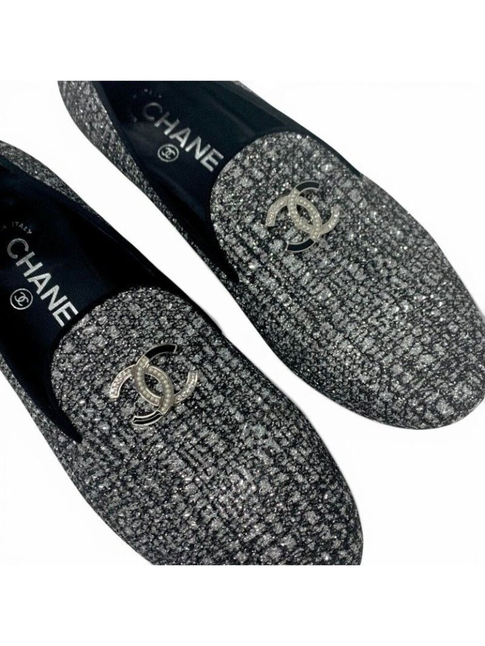 Chanel Flat Shoes Fabric Leather Silver Black Opera CC Logo - Picture 9 of 10